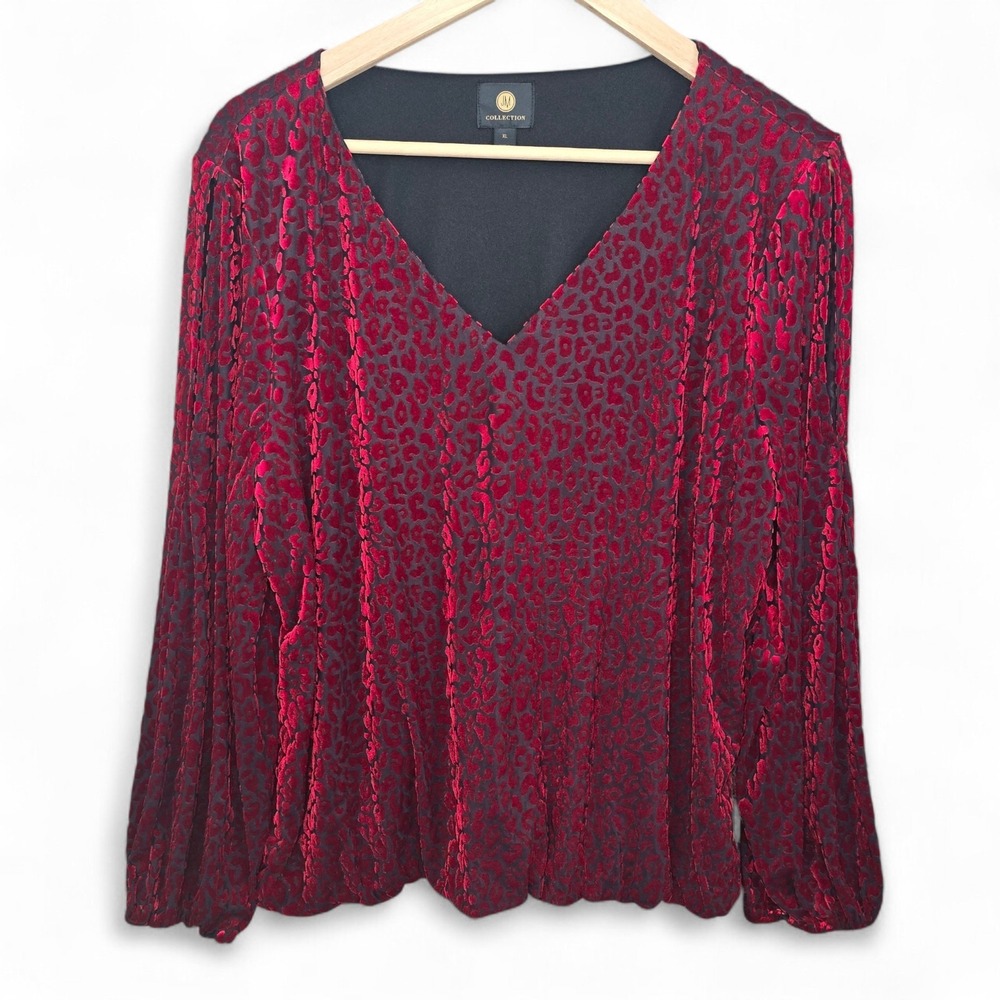 JM Collection Top Womens XL Red V Neck Velvet Burnout Long Sleeve Blouse Ladies